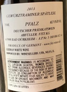 Fitz-Ritter Gewürztraminer Spätlese, Pfalz - back label