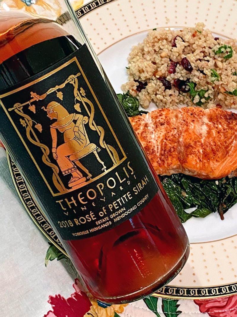 Theopolis Vineyards Rosé of Petite Sirah paired with salmon, chard and quinoa photo