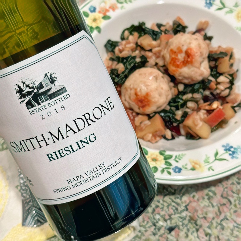 Photo 2018 Smith-Madrone Riesling with bowl of Italian sausage with farro and kale pilaf