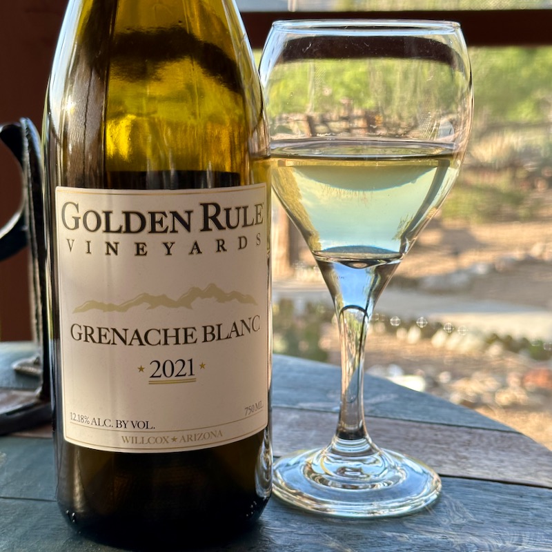 Photo of bottle and glass of Golden Rule Grenache Blanc