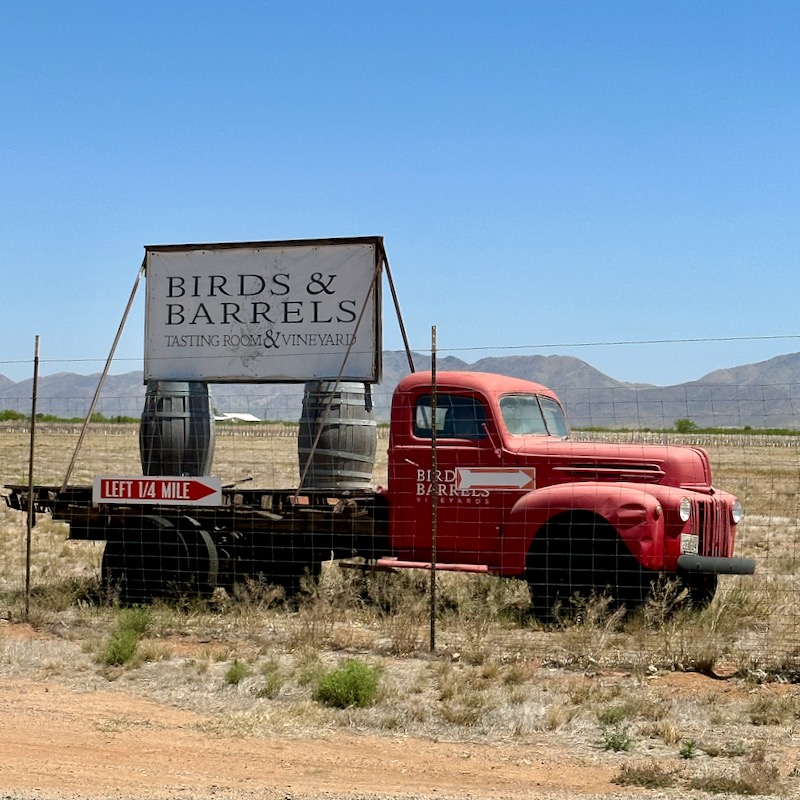 Photo of Birds & Barrels sign on truck flatbed