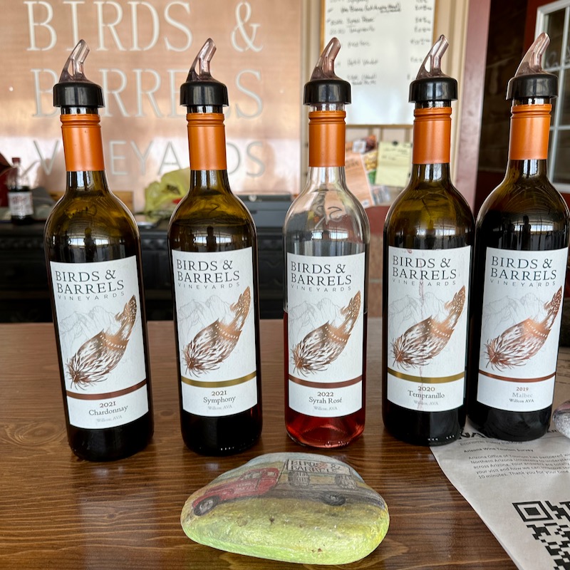 Photo of wines we tasted at Birds & Barrels Chardonnay, Symphony, Syrah Rose Tempranillo, Malbec